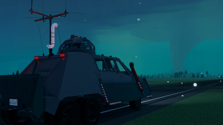 Armored TIV chase vehicle at dusk